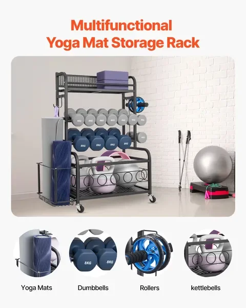 Yoga Mat Storage Rack with Hooks & Wheels, Steel Holder for Dumbbells, Kettlebells, Foam Roller, Yoga Strap – Powder Coated