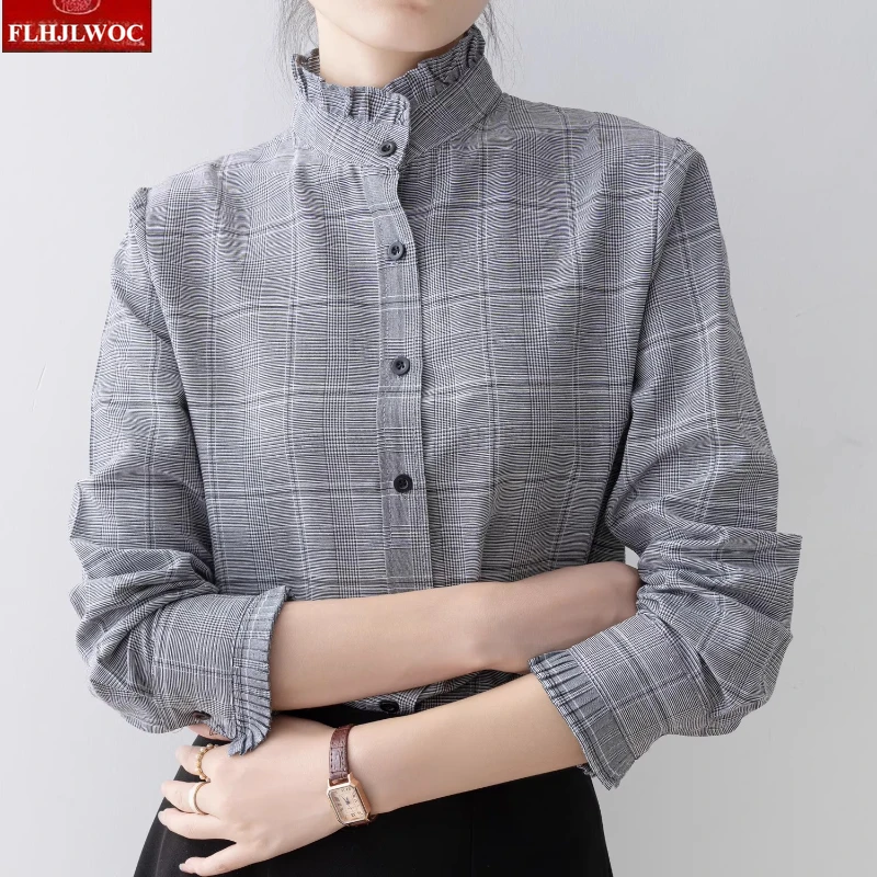 Volants col montant rétro Vintage hauts Blouses femme automne printemps Chic filles mignonnes à manches longues élégant bases gris chemises à carreaux