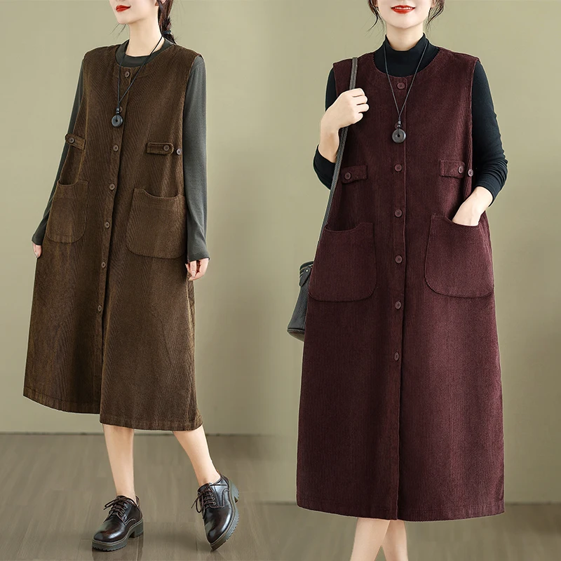 Retro  Color Corduroy Sleeveless Dress Women's Autumn Winter New Style Mid-Length Open Cardigan Vest Skirt Button Simple