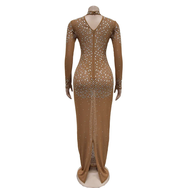 Nieuwe Dames Lange Mouw Ronde Hals Bodycon Pure Mesh Diamanten Lange Sexy Feestjurken Grote Strass Nacht Club Elegante Avondjurk