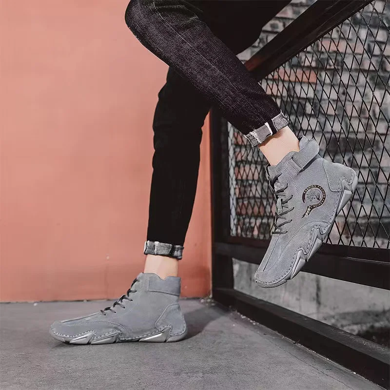 Men Boots Comfortable Casual Leather Luxury High Top Sports Shoes Autumn Lazy Loafers Soft Soled Men\'s Motorcycle Ankle Boots