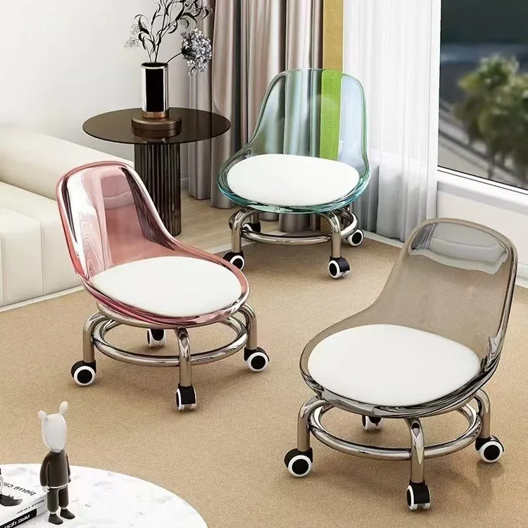 Electroplated Steel Frame Low Stool, Backrest Stool Chair with 360° Rotation & Sliding Stool,Household Low Shoe Changing JJ4464
