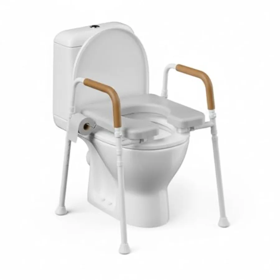 

Raised Toilet Seat with Handles - Unobstructed Front Design for Seniors - Adjustable Height Elevated Toilet Seat in White Suppo