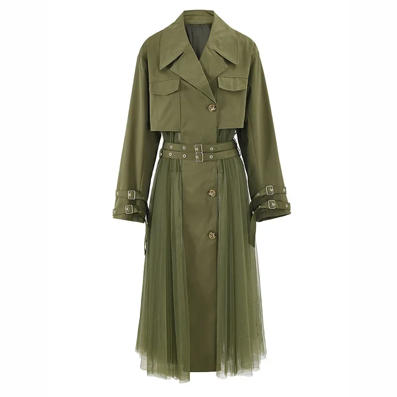 Trench Coat Double Row Multi Button Coat Patchwork for Women's Temperament Long Loose Bettergirl Leisure Mesh Green 1 Piece