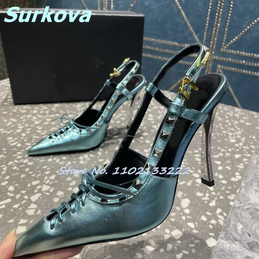 Rivet Cross Strap Sandals Pointy Toe Metal Thin High Heels Buckle Shoes Hottest Summer Women Shoes Fashion Sexy Luxury Stilettos