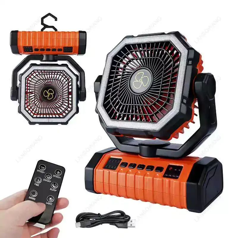 20000mAh Portable Camping Fan with LED Light, Rechargeable Battery Powered Timer Hook for Tent Outdoor Use