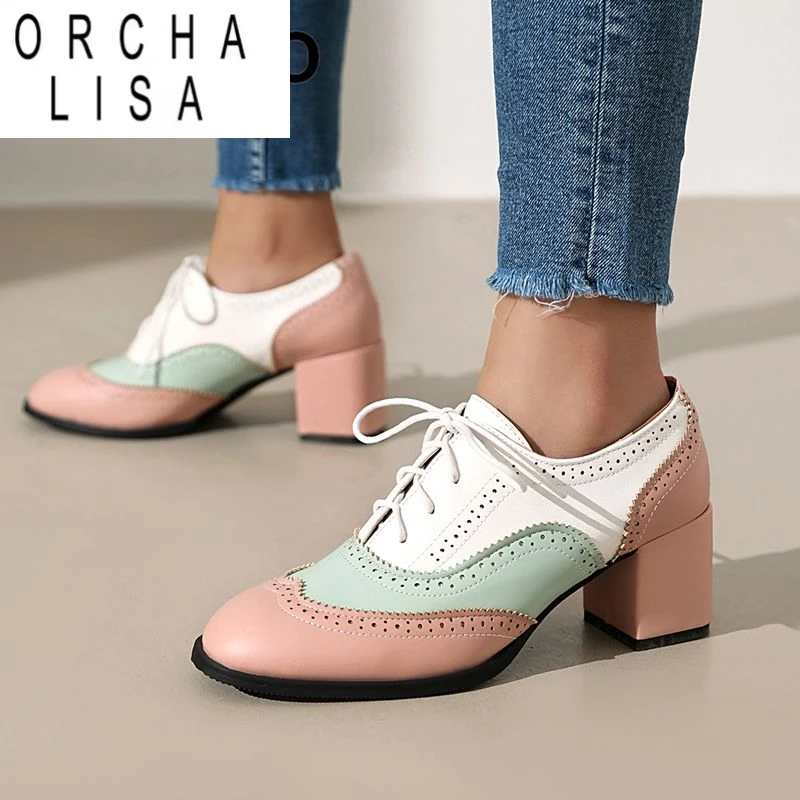 

ORCHA LISA Смешанные цвета Женские блестящие туфли-лодочки с круглым носком на блочном каблуке 6 см на шнуровке Большой размер 46 47 48 Повседневная офисная женская обувь для отдыха