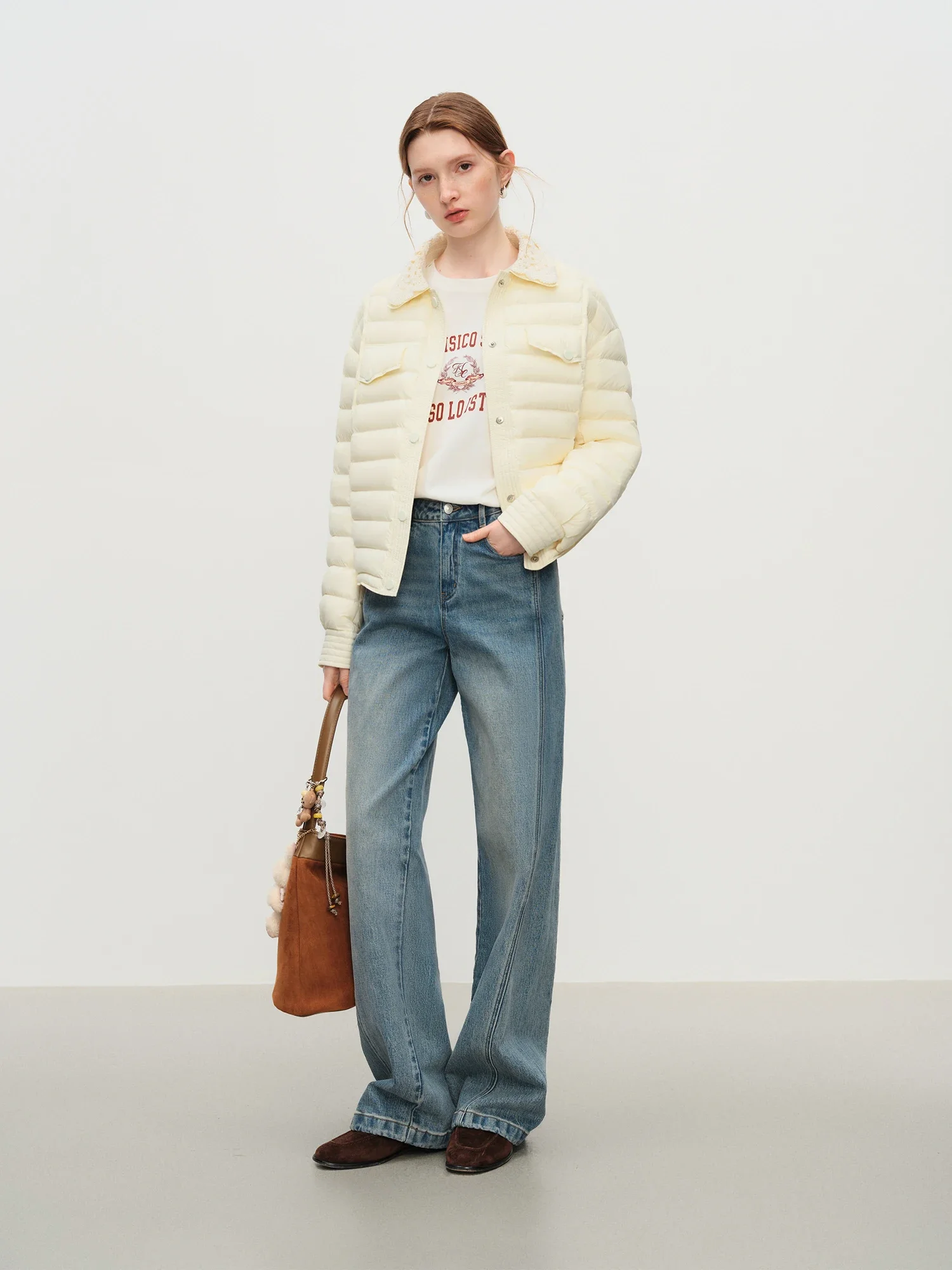 FSLE 2025 New Arrival Winter Women's Lightweight Short Ivory Down Coat With Lace Panel Collar Warm Padded Coat Outerwear Jacket