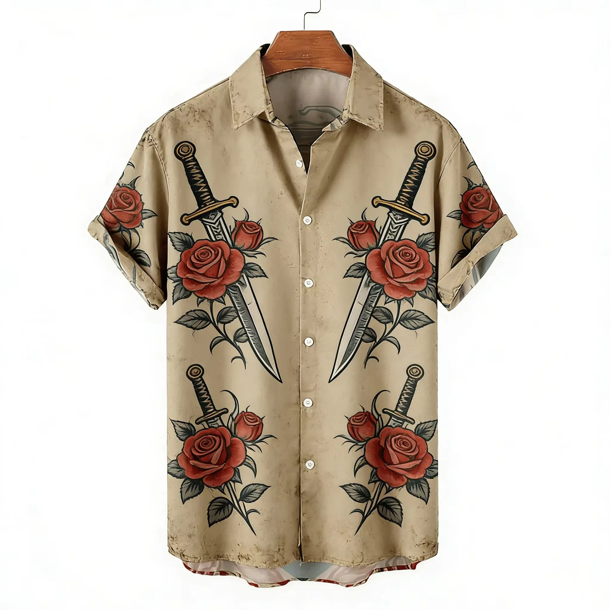 West Coast Retro Wave Skeleton Surfboard Printed Short Sleeve Shirt for Men's Niche Thin Style Loose Collar Travel Versatile Top