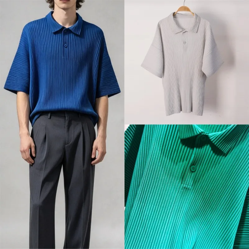 Solid Color Pleated Short Sleeve Polo Shirt Men 2026 Autumn New Turn-Down Collar Top Loose Casual Jacket Personality Versatile