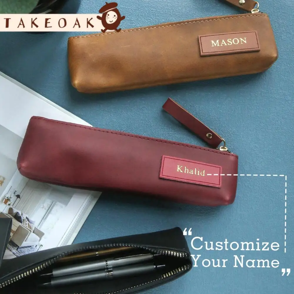 Custom Name Leather Label Retro Pu Pencil Case Slim Zipper Pen Bag Portable Makeup Brush Storage Pouch Personalized Custom Gift