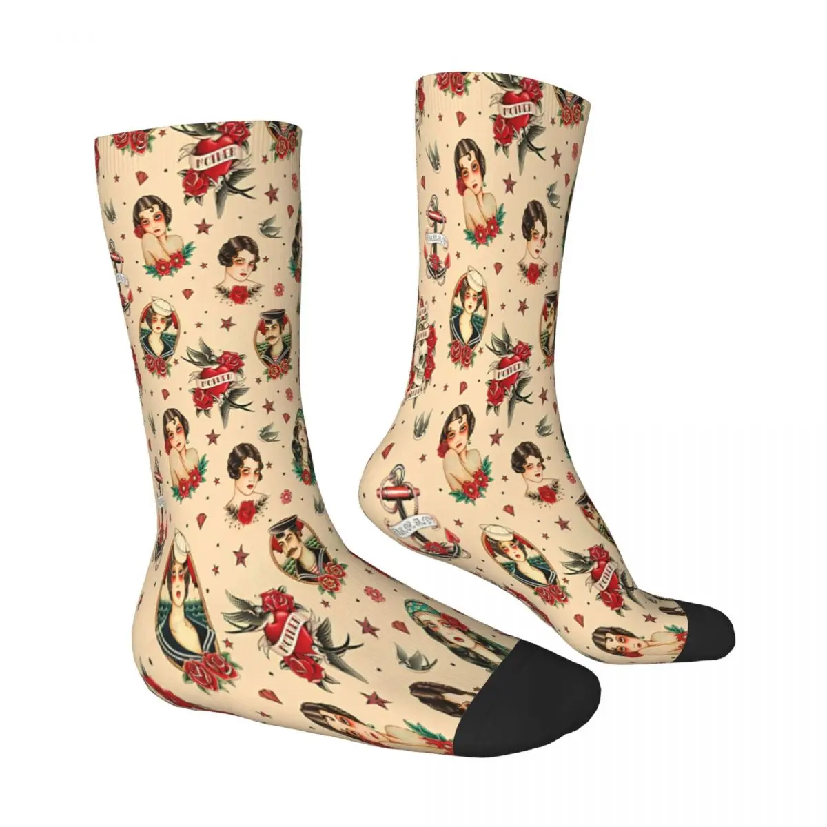 Old School Tattoo 02 Beige Socks Male Mens Women Autumn Stockings Printed