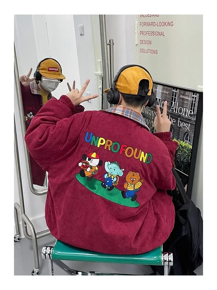 Corduroy Parka Men Women Harajuku Cartoon Embroidered Thick Jacket Retro Reversible Loose Cotton Coat Winter Couple Warm Outwear