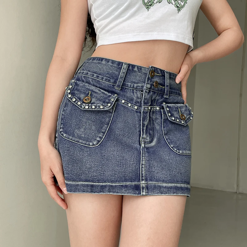 Mini jupes en denim vintage pour femmes, taille basse, jeans ronds skinny, jupe crayon, streetwear esthétique, coréen, Kawaii, Y2K