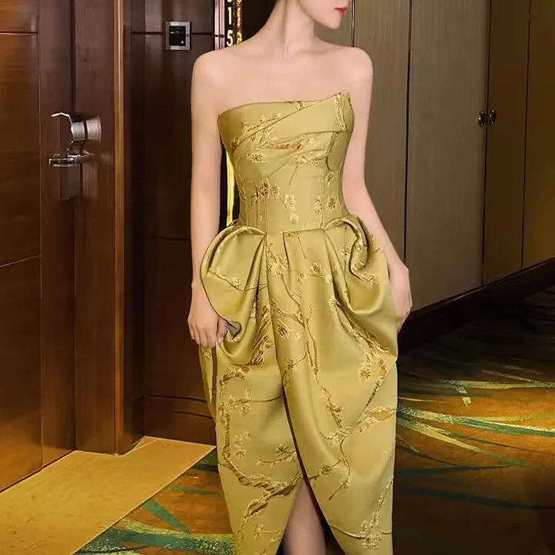 

Желтый свадебный халат Dr Morning, китайский халат, новая невеста, сбор, топ-труба, юбка с бутоном цветка, длинная юбка с высокой талией