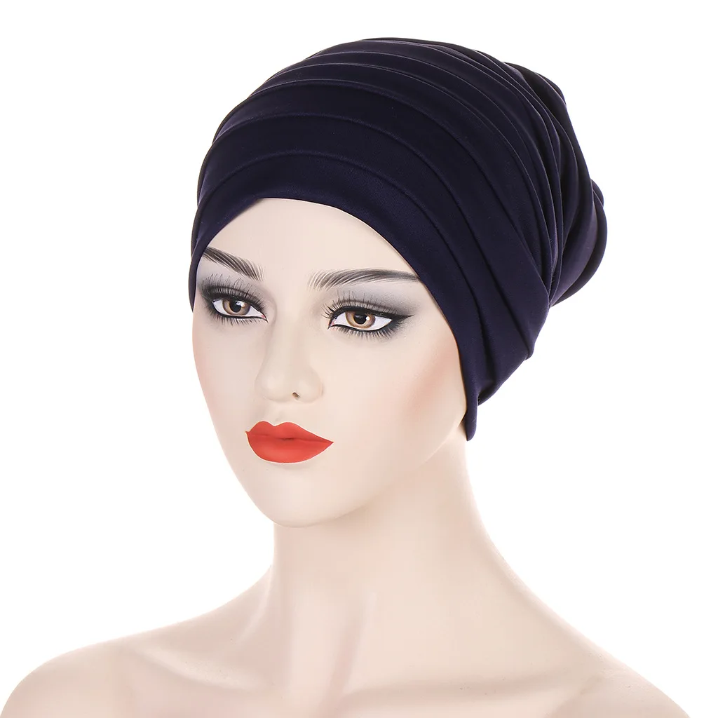 New Candy Color Pleated Turban Cap for Women Ladies Head Wraps Muslim Hijab Bonnets