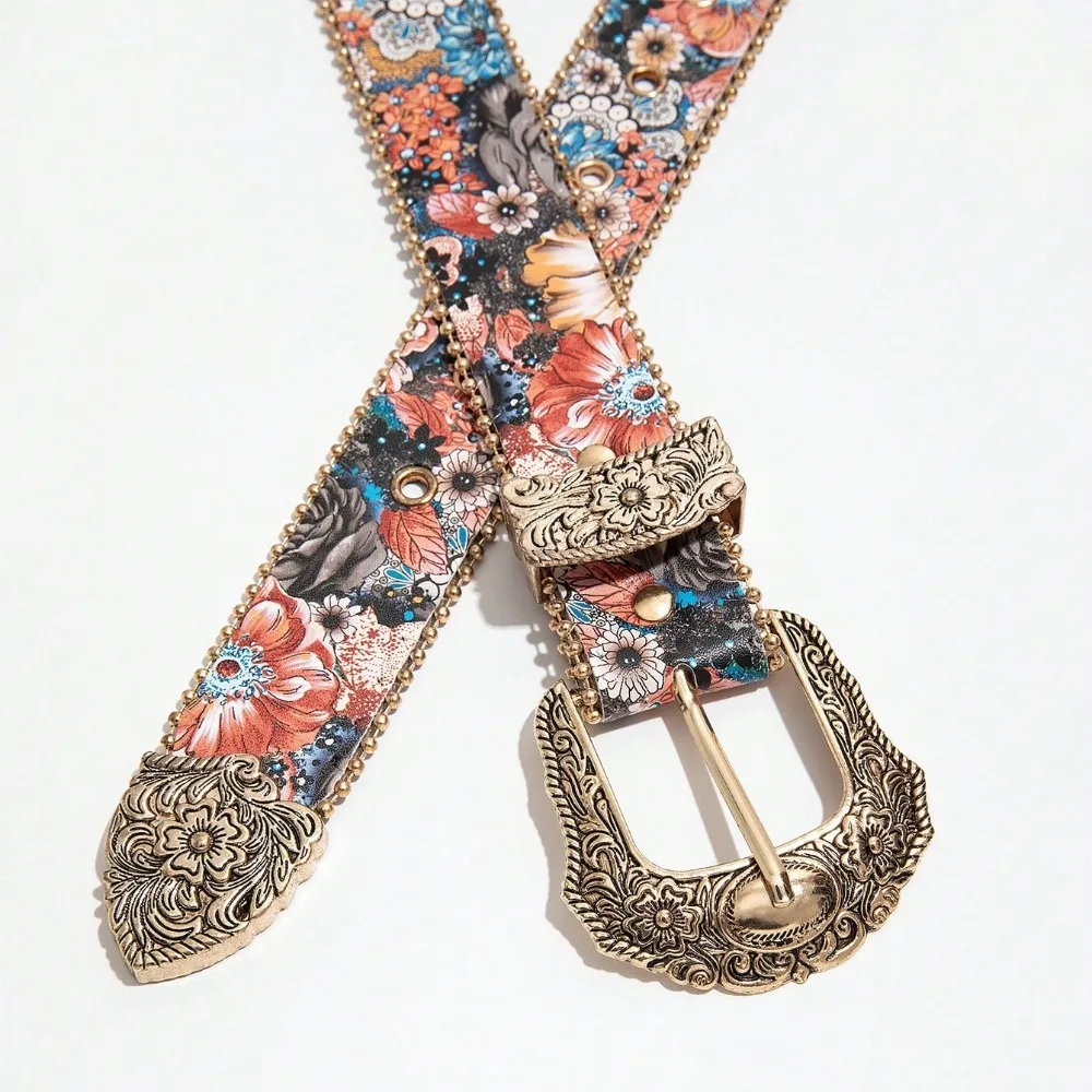 1 Piece of Multi-color Bohemian Style Buckle Head Metal Buckle Colorful Floral Pattern Women's Decorative Belt Commuting Daily