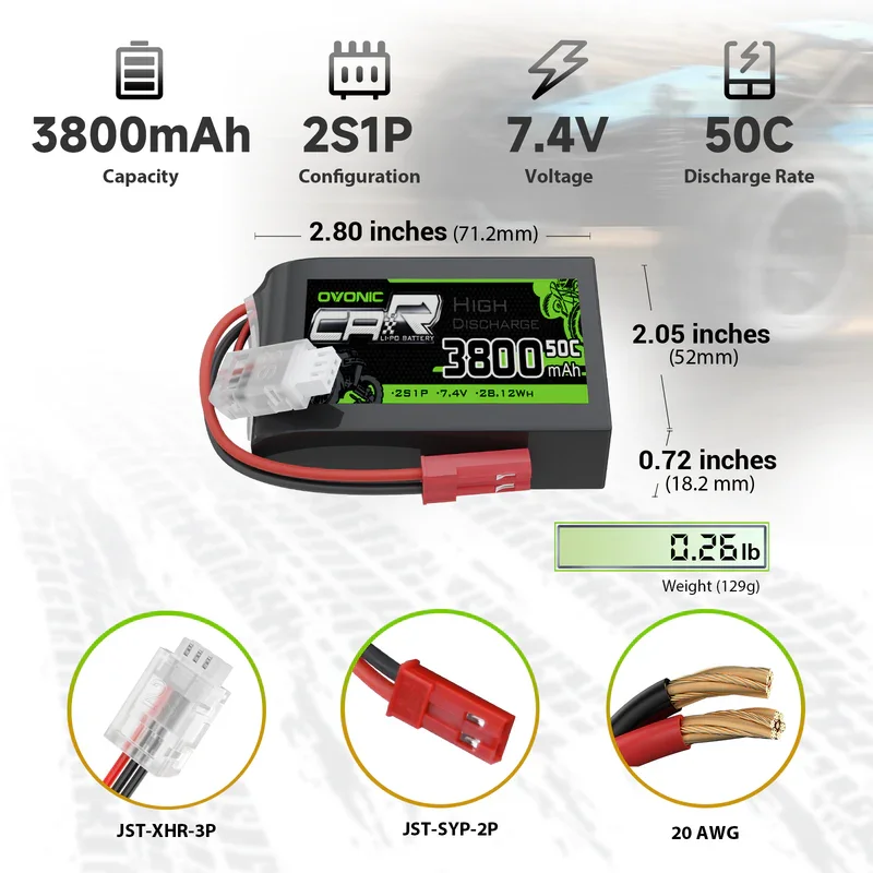 OVONIC 2S TX LiPo Battery 7.4V 3800mAh 50C, JST Plug Transmitter Battery for QX7 Remote Transmitter
