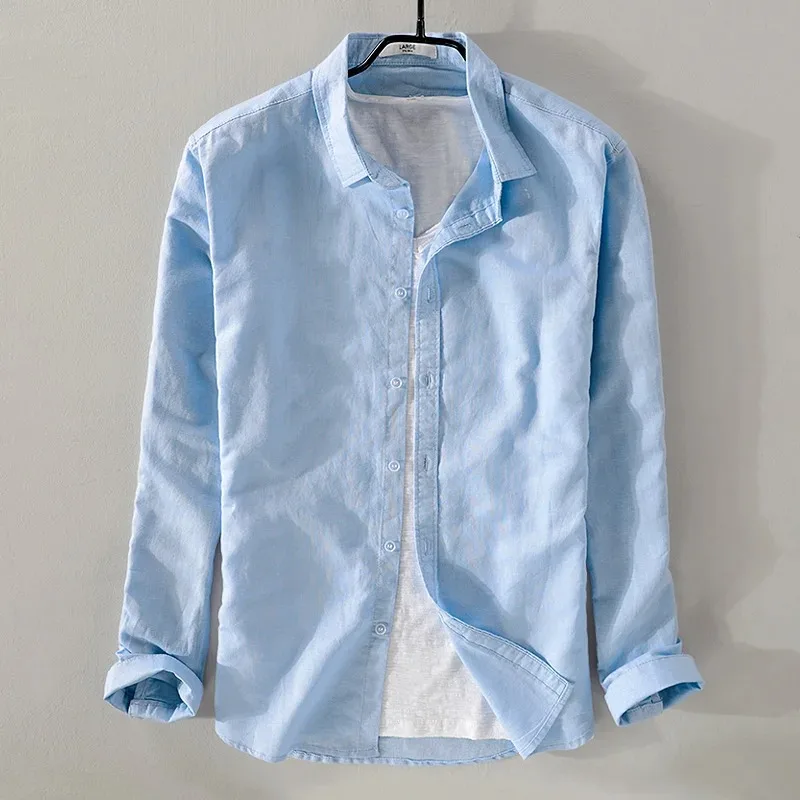 New style sky blue shirt men brand linen solid fashion long sleeve square collar cotton shirts for men chemise