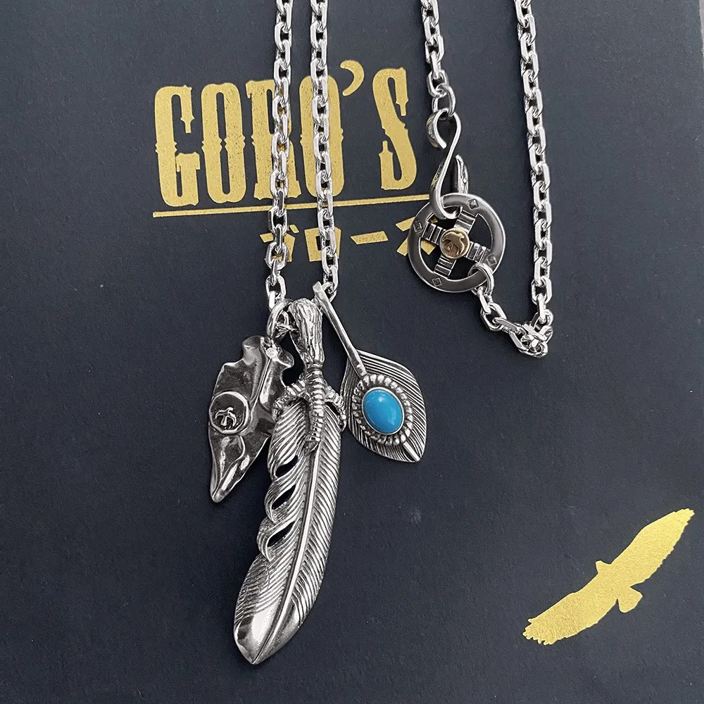 25SS new top quality goro's vintage thai silver chicken claw feathers dead leaves leaves with turquoise couple necklace