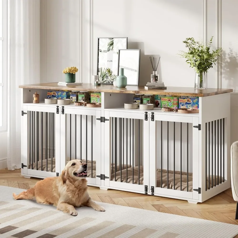 

72 Inch Dog Crate Furniture for 2 Dogs Wooden Dog Crate with Storage Compartments Indoor Kennel with 4 Doors