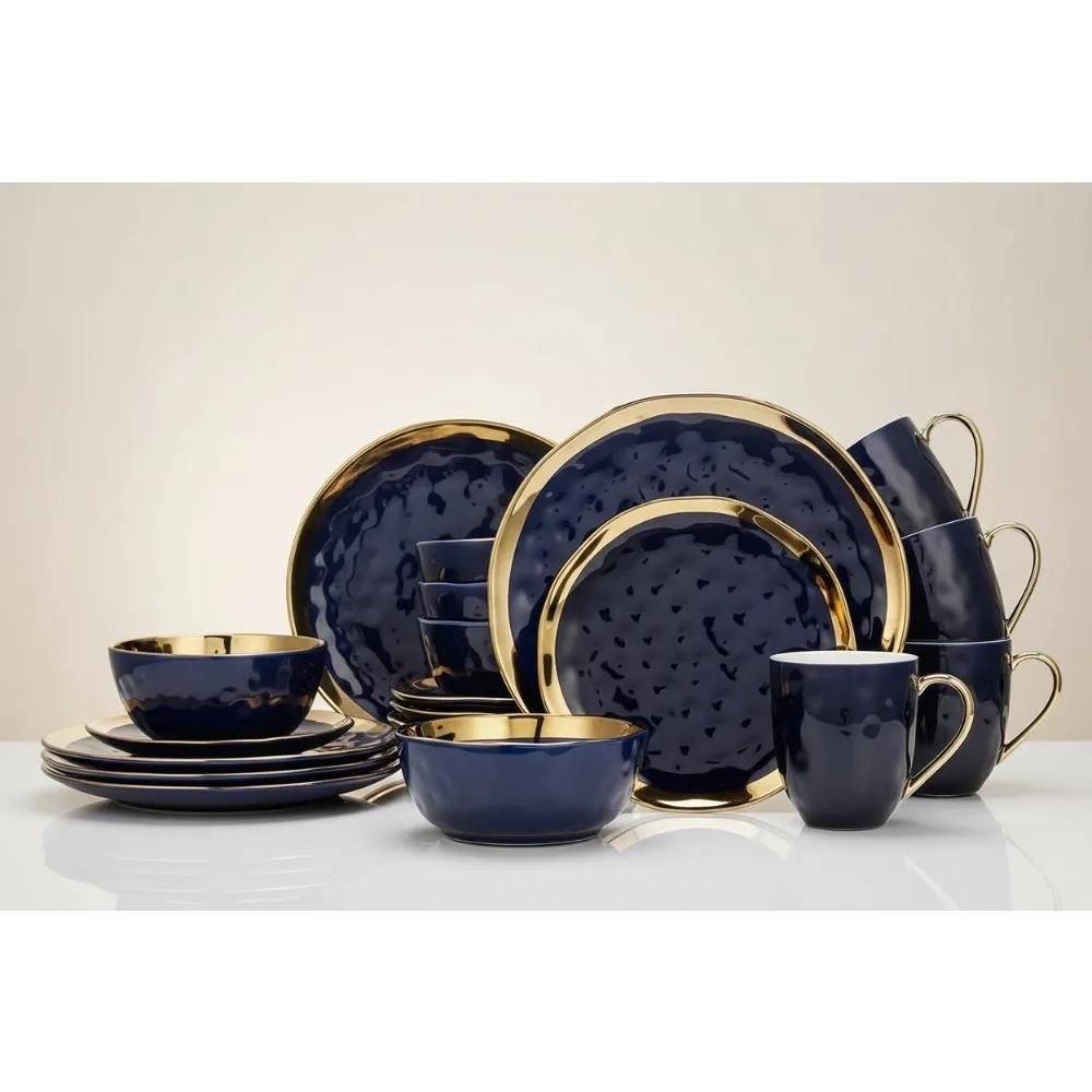 

Elegant Navy Blue Porcelain Dinnerware Set 16-Piece Service for 4 with Gold Rim, Modern Tableware