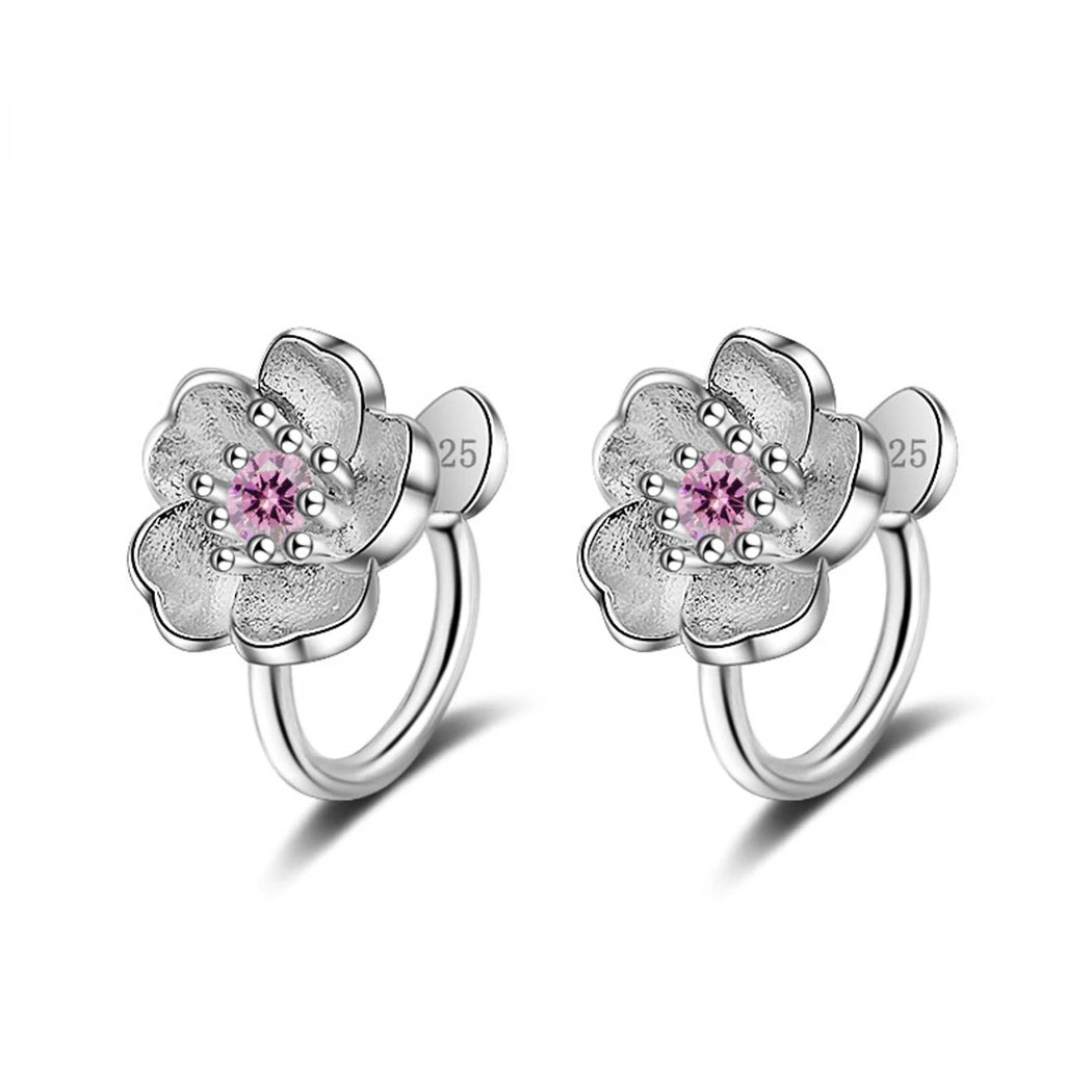 Korea Style Crystal Cherry Blossom Flower Clip on Earrings Without Piercing for Girls Party Sweet No Hole Ear Clip