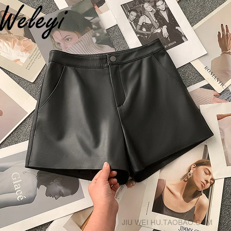 Women's Black PU Leather Shorts 2024 Autumn and Winter Casual High Waist Slim-fitting A-line Short Leather Pants Wide-leg Boots