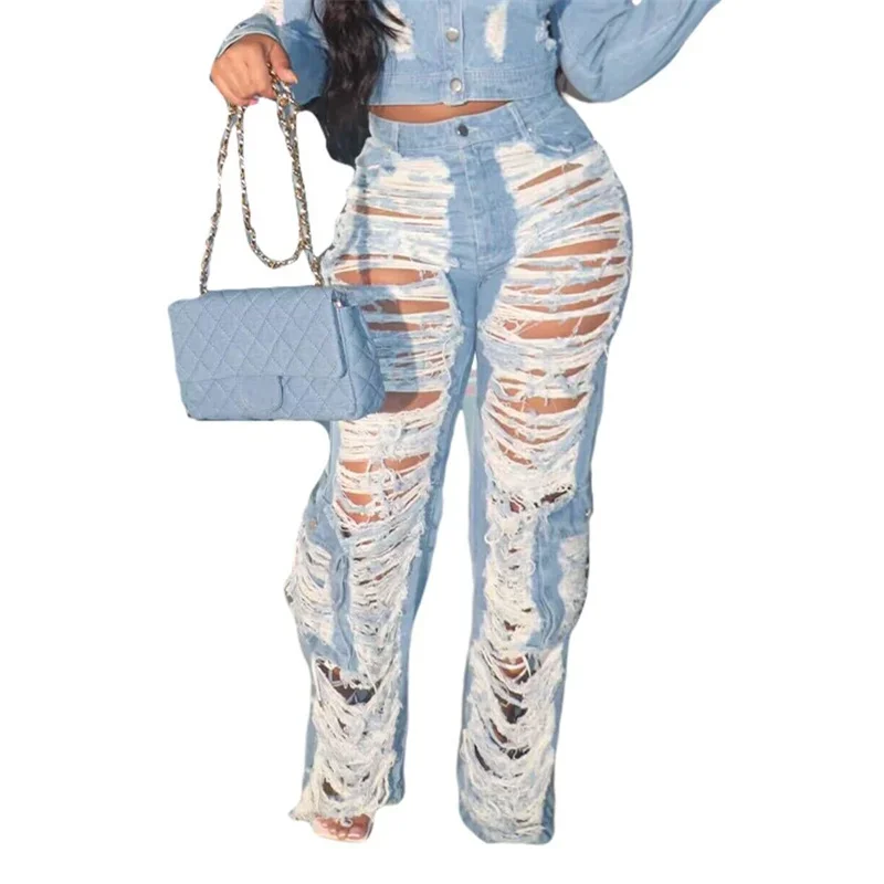 Mulheres Hollow Out Broken Holes Jeans, perna patchwork, calça jeans de bolso, calça de cintura alta, streetwear casual, moda feminina, tendência