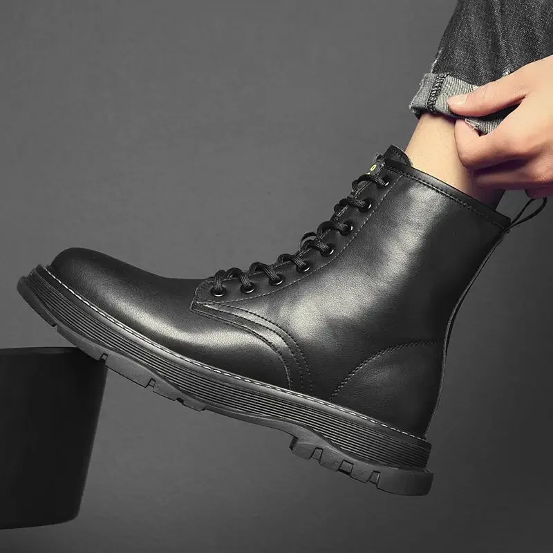 Scarpe in pelle da uomo Stivali casual da uomo con suola spessa nera Punta tonda Spedizione gratuita 2025 Calzature di tendenza Offerta Pu