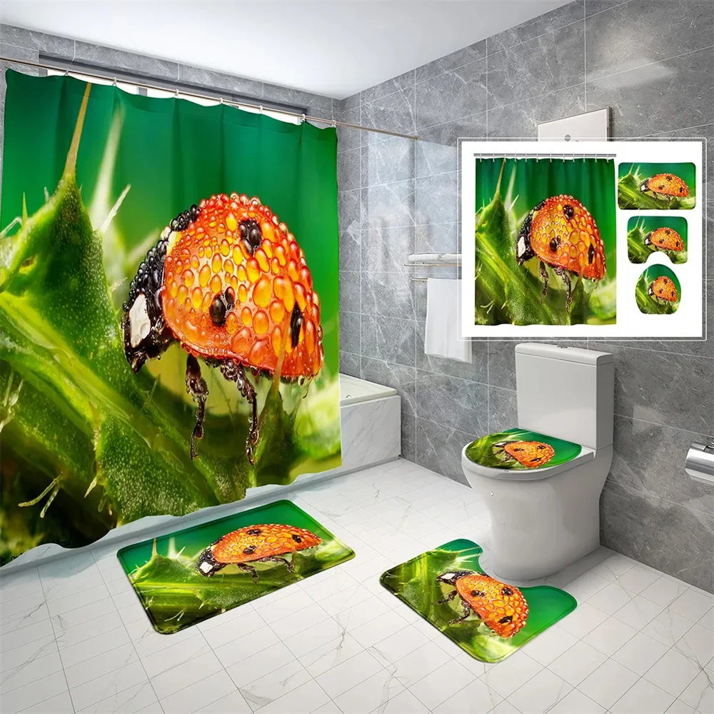 

insect Shower Curtain Set Summer insect Plant non-slip Carpet Bath mat Toilet Shower Curtain Bathtub Partition