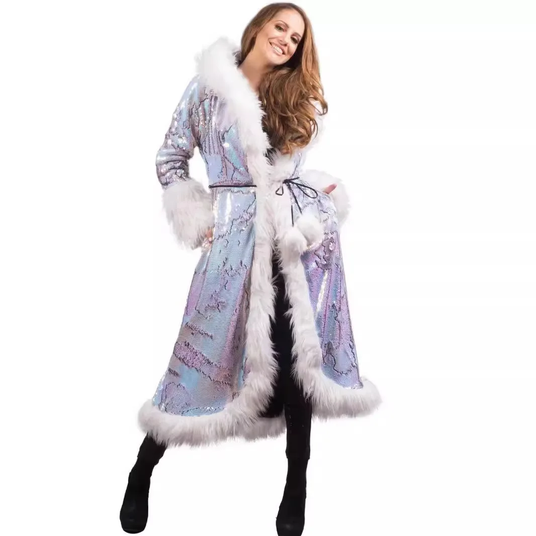 

Women Faux Fur Coat Long Jackets Hooded Halloween Cosplay Costumes Party LED Sequins Outerwear Warm Winter Fluffy Overcoat
