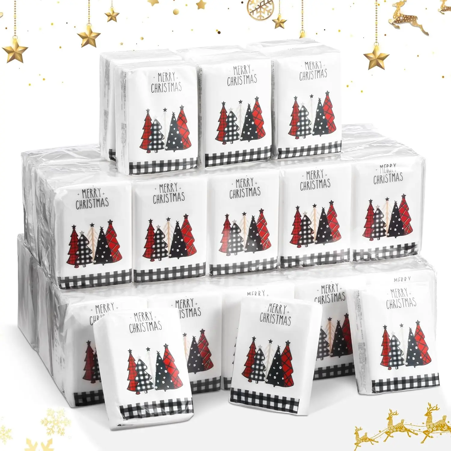 Christmas Pocket Tissues Bulk Merry Christmas Travel Facial Tissues Packs 3-ply Black White Red Plaid Xmas Tree Individual Paper