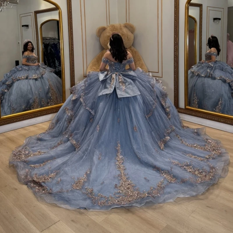 

Navy Blue Shiny Ball Gown Quinceanera Dresses Applique Lace Beading Crystal Bow Tiered Tull Corset Off The Shoulder Sweet 16