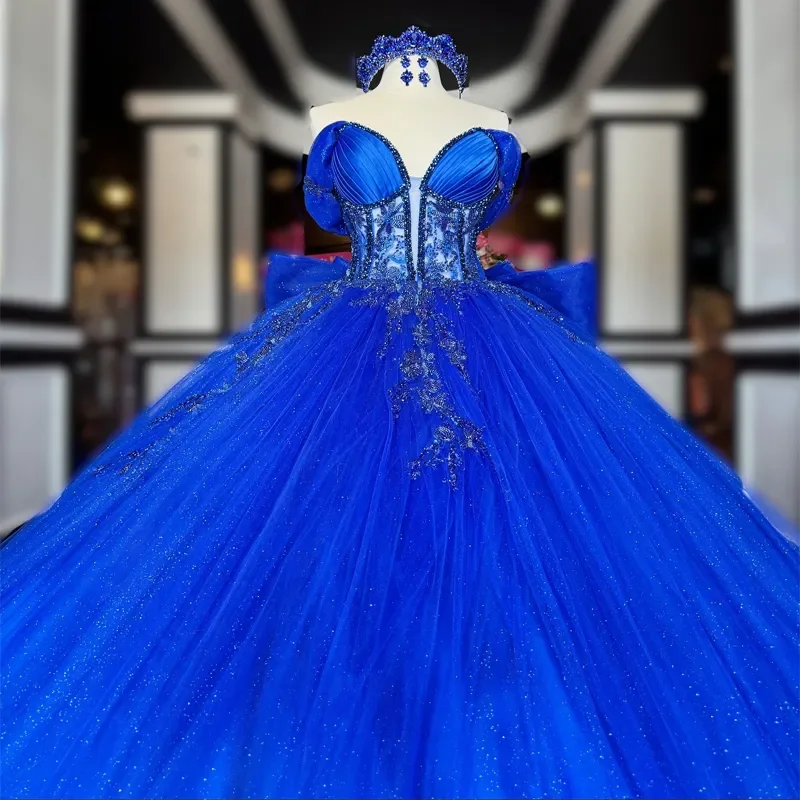 Vestidos Quinceanera azuis reais para meninas, miçangas de renda, arco Tull, camadas para 15 anos, festa de aniversário, princesa do baile, 15 anos