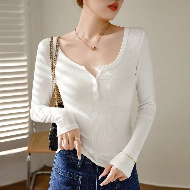 

Front shoulder button down t-shirt for women, autumn and winter pure desire style long sleeved slim fit base shirt