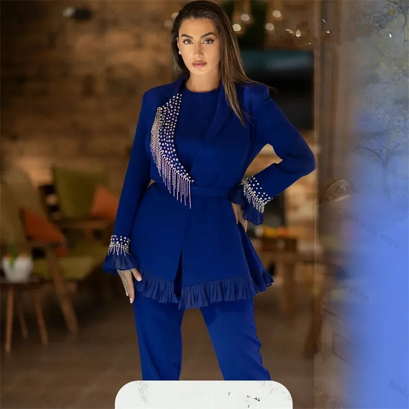 

Royal Blue Crystals Women Suit Set 2 Pieces Blazer+Pant Luxury Beading Formal Office Lady Wedding Jacket Coat Trousers Tailored