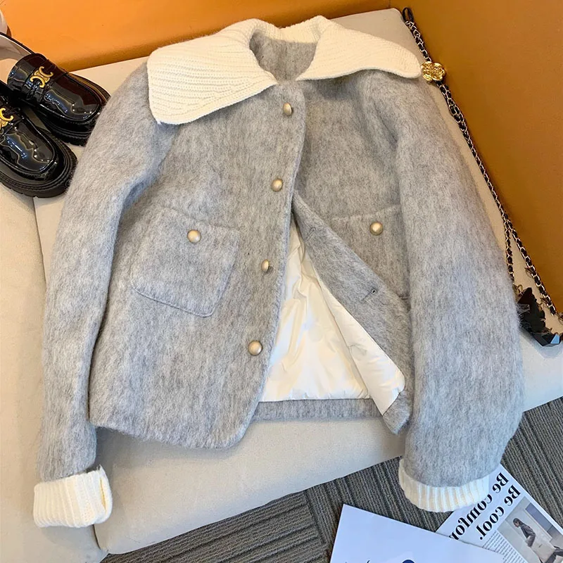 

Grey Wool Coat Women's 2024 New Winter French Retro Single-breasted Woolen Jackets Lady High-grade Thick Warm Cotton Outwear Top