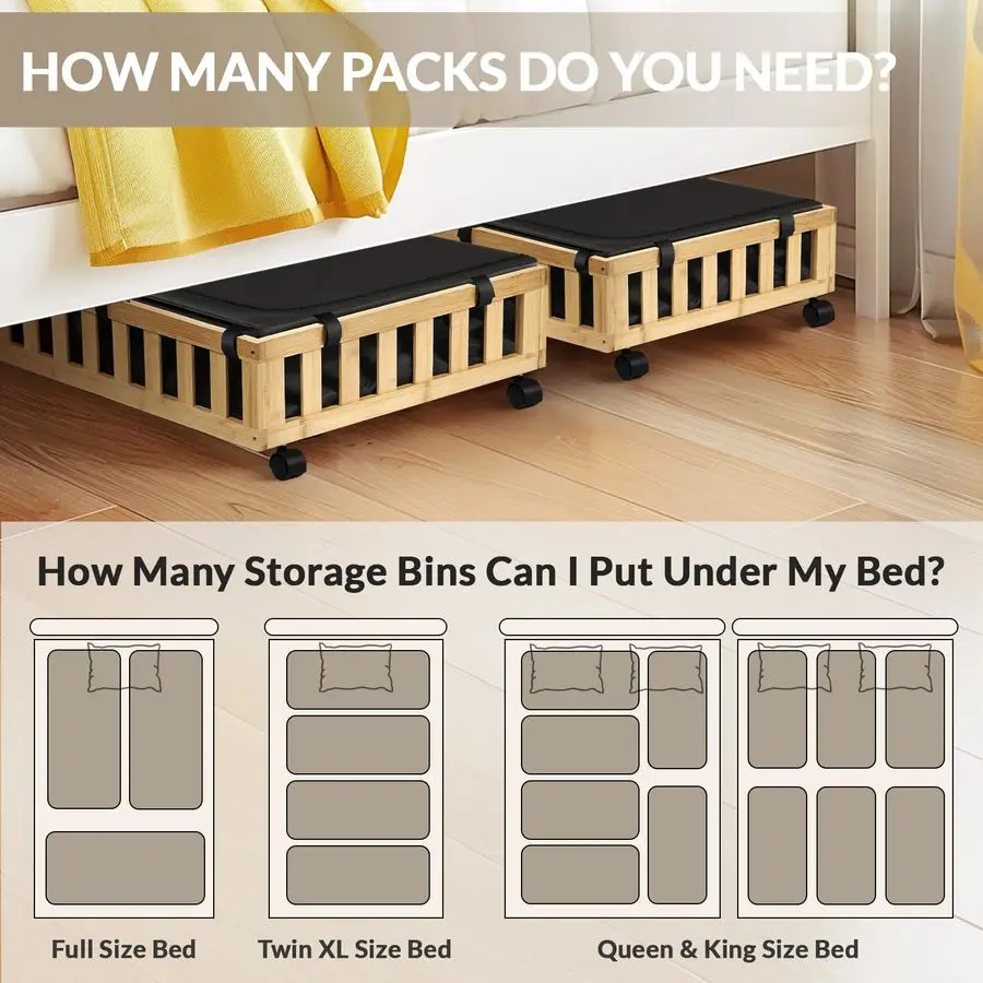 Pack Bamboo Under Bed Storage with Wheels, 39x20x7.8 Lager Under Bed Storage Containers Natural