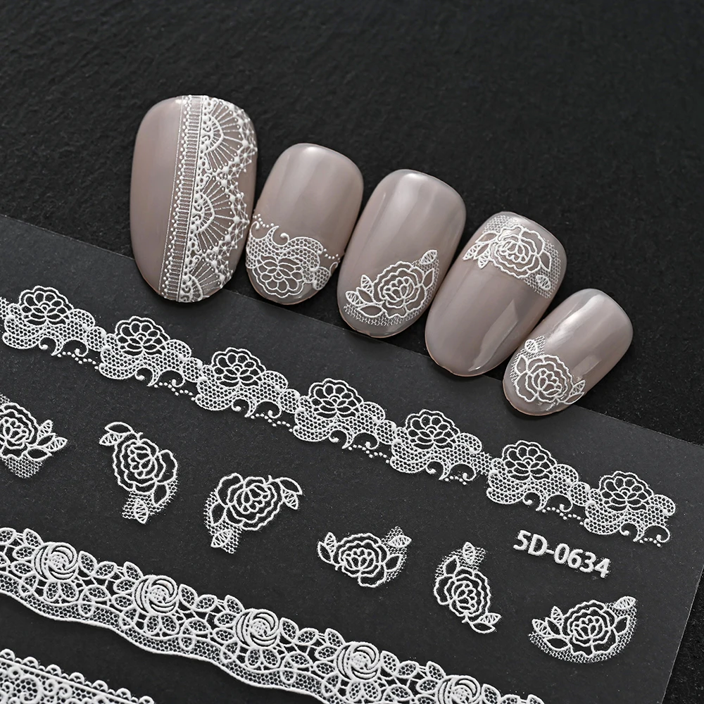 1개 화이트 레이스 5D 네일 아트 스티커 속이 빈 꽃잎 눈송이 나비 우아한 프렌치 스타일 데칼 네일 아트 장식