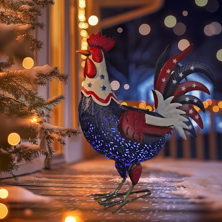

Metal Rooster Yard Decor18" Solar Powered Chicken Sculpture with Patriotic Flag Weather-Resistant Garden Statue Outdoor for Gar