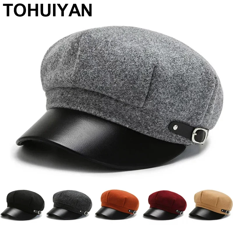 TOHUIYAN Woolen Berets Hats for Women Casual Winter Autumn Hat Ladies Fashion Boinas Octagonal Cap Korean Artist Painter Caps