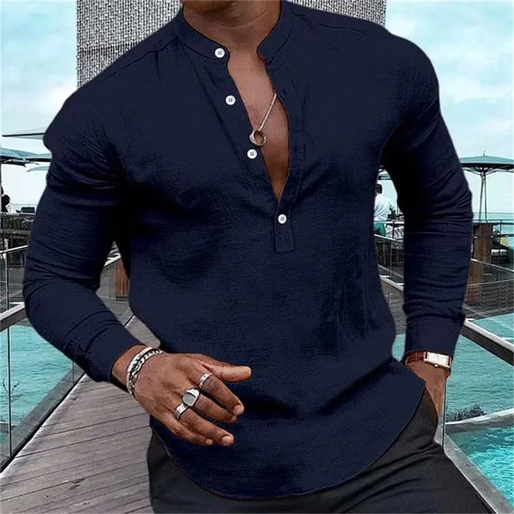 2023 New Fashion Men\'s High Quality Shirt Henry Solid Half Open Button Standing Neck Muscle Men\'s Street Casual Top