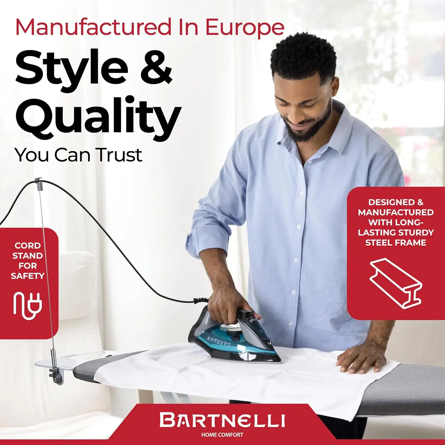 Bartnelli Extra Wide Pro Ironing Board 19x48 Ironing Surface with Iron Rest, Cord Holder, Shelf and 4 Layer Heat Resistant Cover
