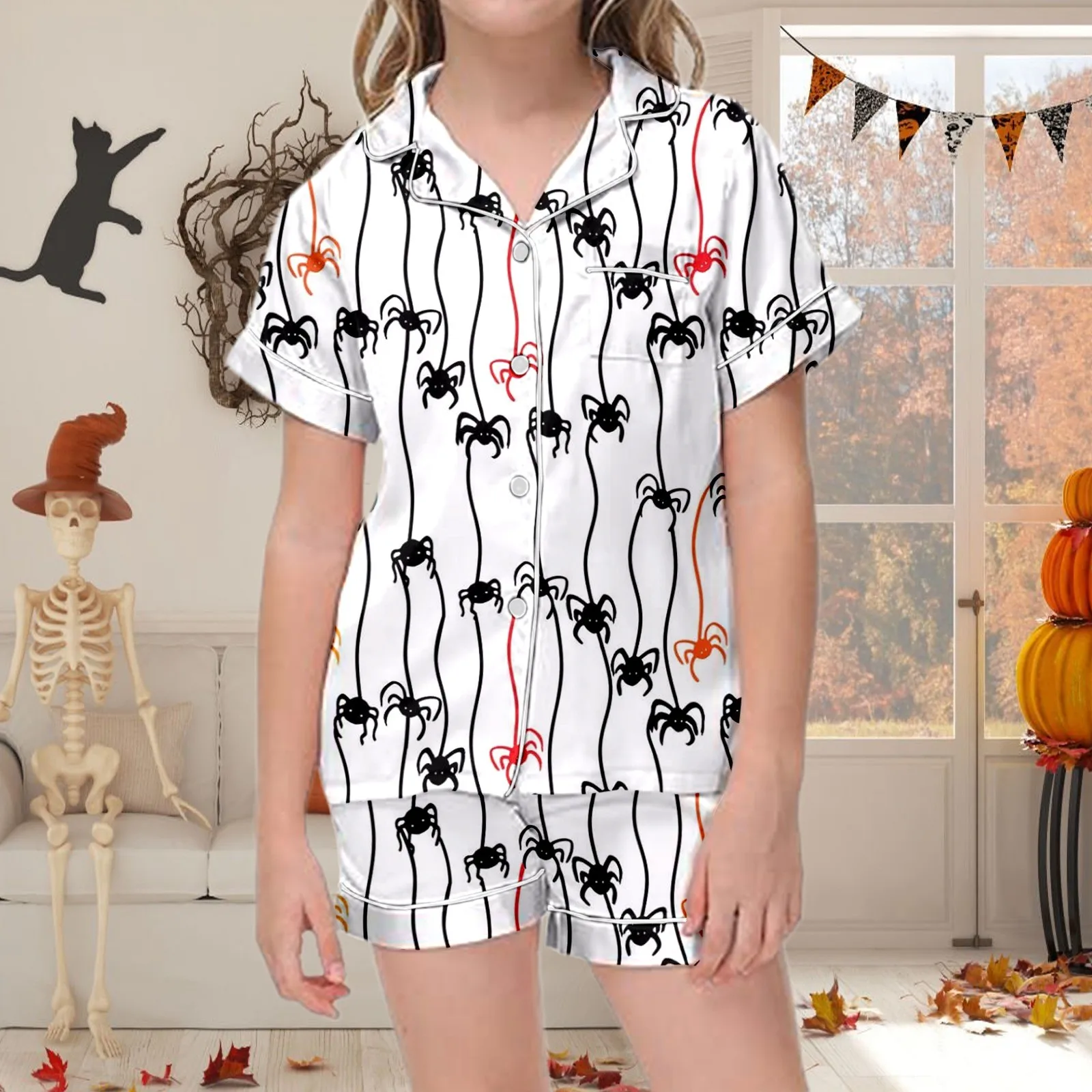 Halloween Satin Pajama 2 Pieces Set Baby Girls Halloween Print Short Sleeve Button Closure Top With Shorts Sleepwear Uniform