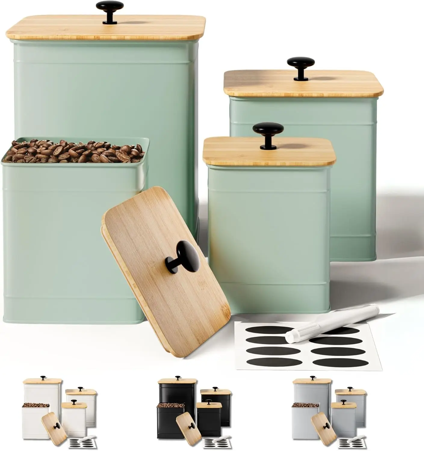 

4-Piece Sage Green Kitchen Canisters with Chalkboard Labels, Airtight Lids for Flour Sugar Storage
