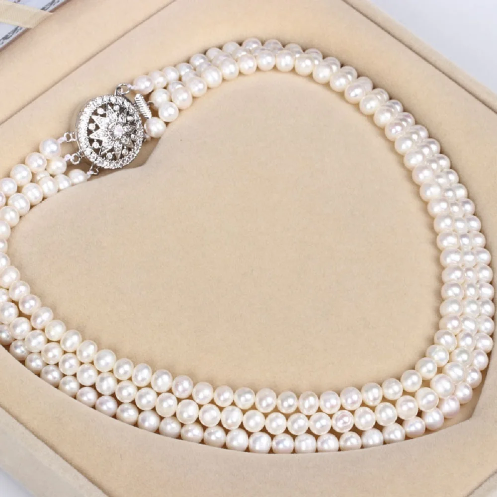 3-Row Pearl Necklace AAA 6-7mm Natural Japanese Round Pearl Necklace 925s, 16/17/18inch 18/19/20inch