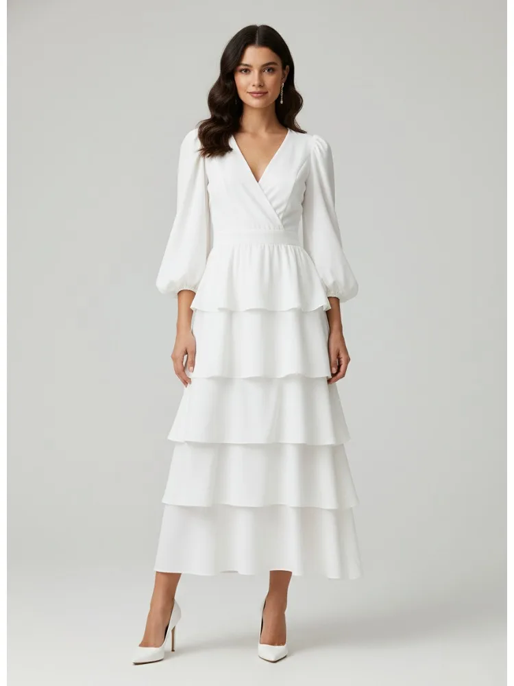 Freeacy feminino sólido branco em camadas plissado vestido com decote em v mangas compridas puff cintura alta vestido plissado 2025 moda vestidos de festa