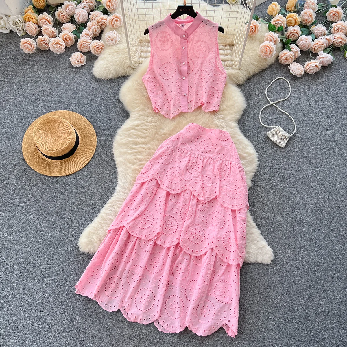 Croysier Beach Style Women Summer 2023 Outfit Sleeveless Shirt Top And Tiered Ruffle Midi Skirt Cutwork Embroidery Two Piece Set