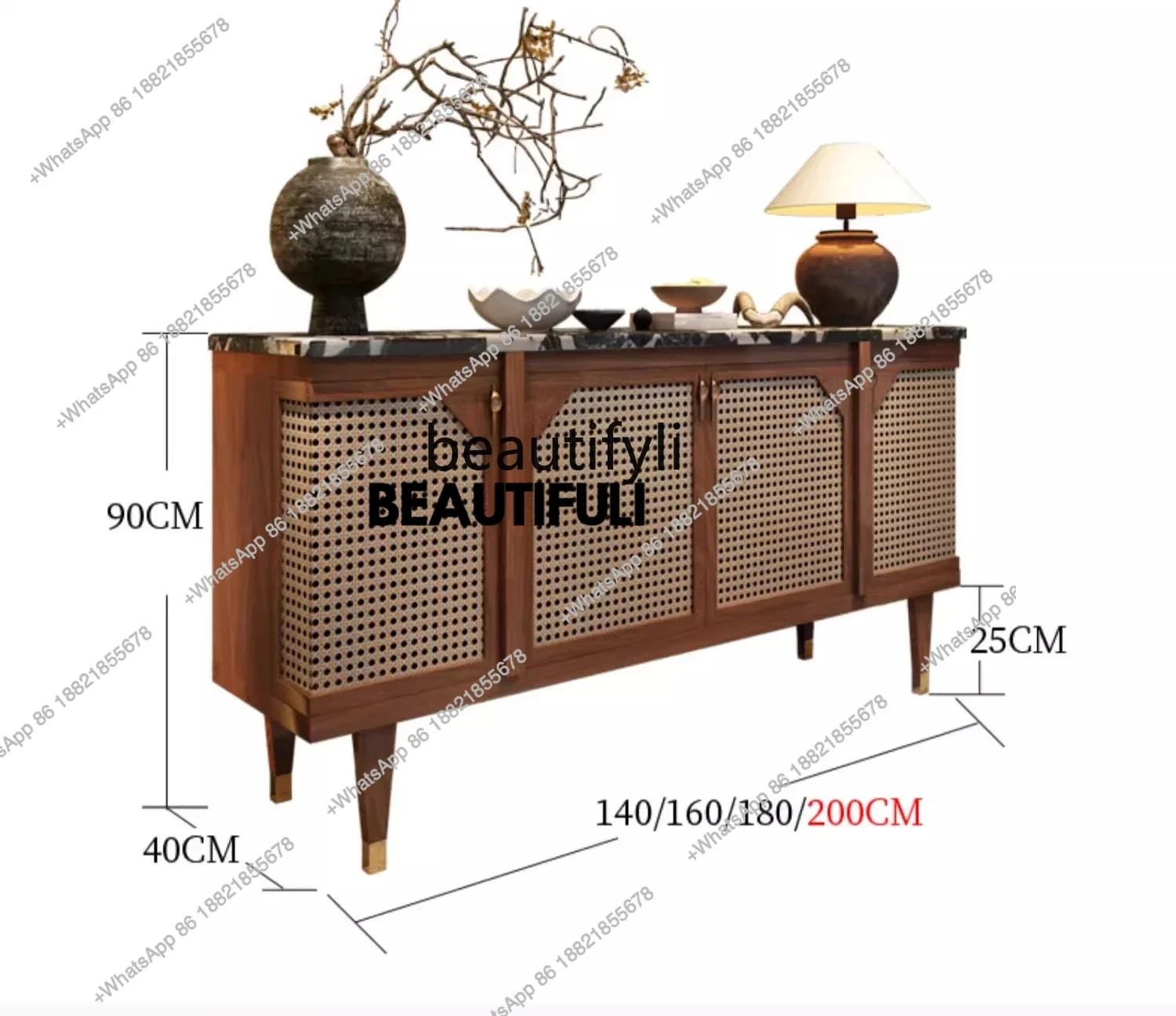 ss8350 Medieval style solid wood entry porch cabinet villa living room marble dining side cabinet wabi sandy wind, rattan locker